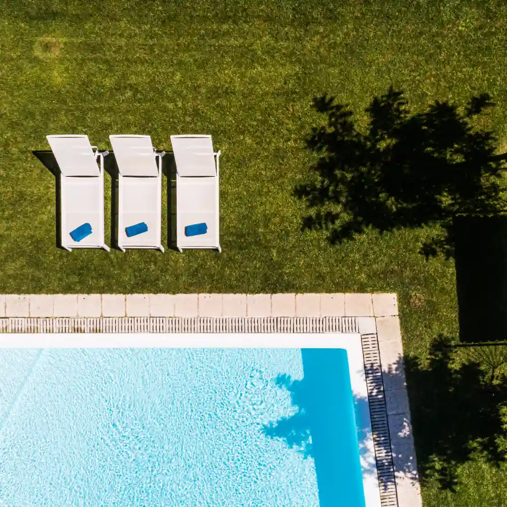 Sunlit swimming pool with three white sun loungers on green grass